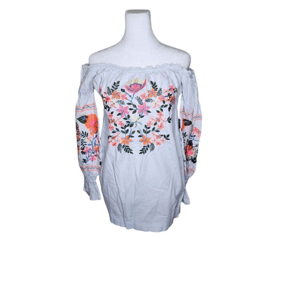 Free People Fleur du Jour Shift Dress Women Size S White off Shoulder Embroidere